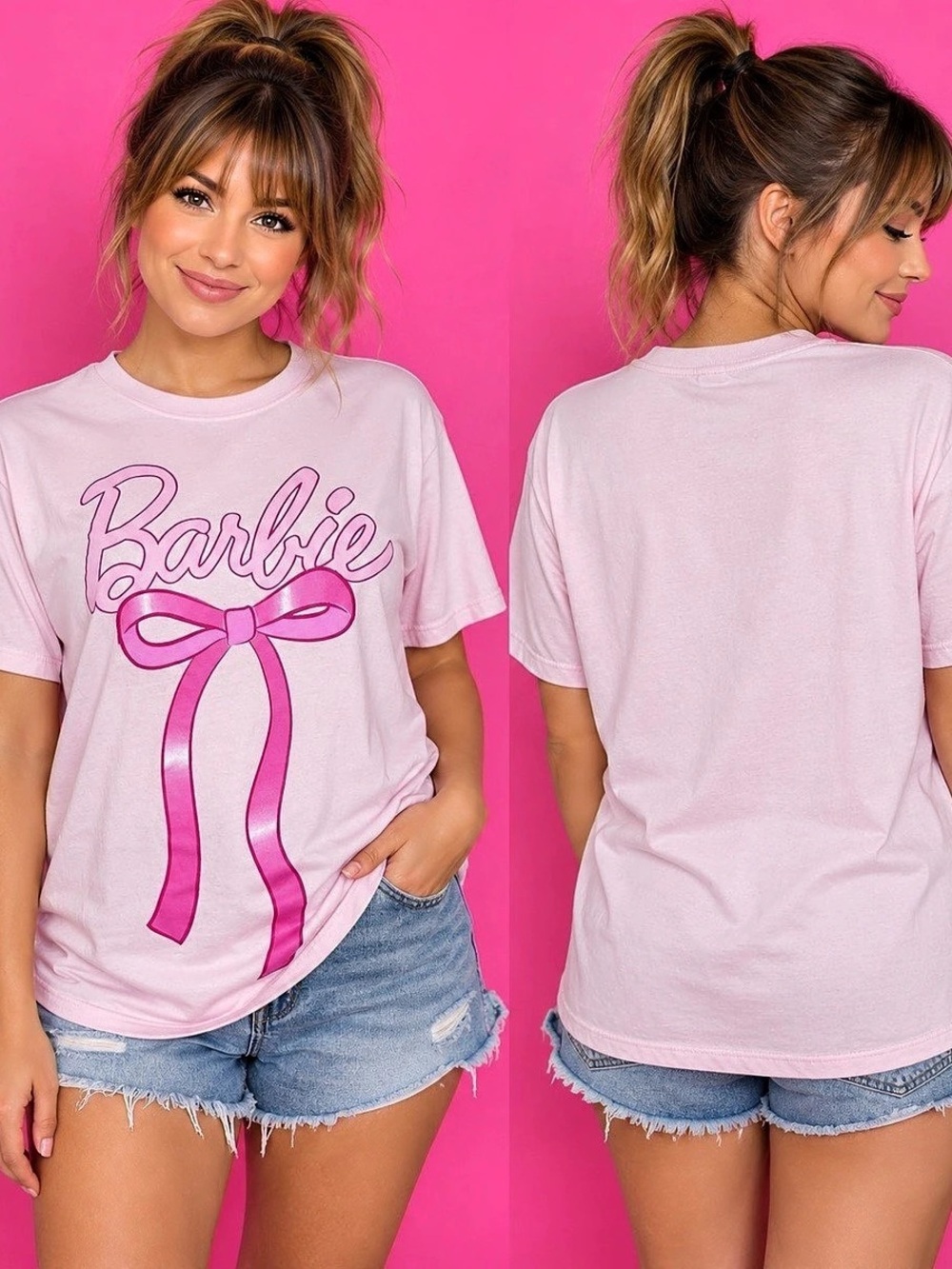 Barbie Pink Graphic Bow T-Shirt Size L Barbiecore 2024 Mattel